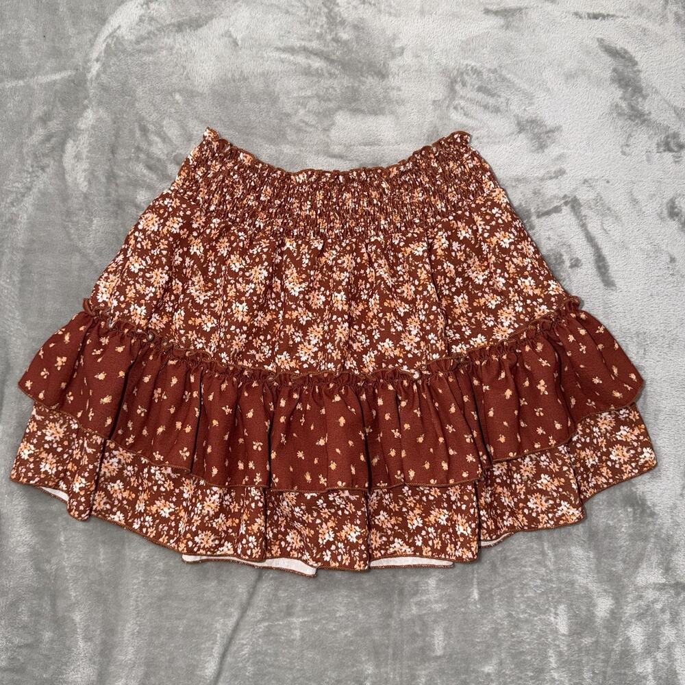 Altars State Floral Ruffle Skort S Small Smocked Tiered Rust Brown Mini Skirt